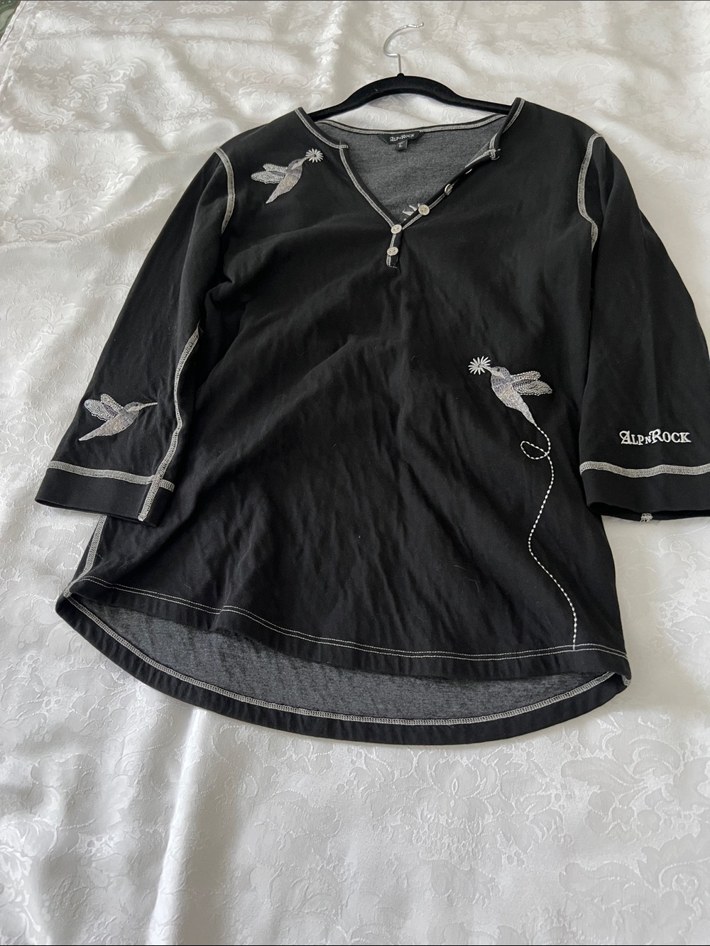 Alp N Rock Black 3/4 Length Sleeve Top with Silver Hummingbird Embroidery